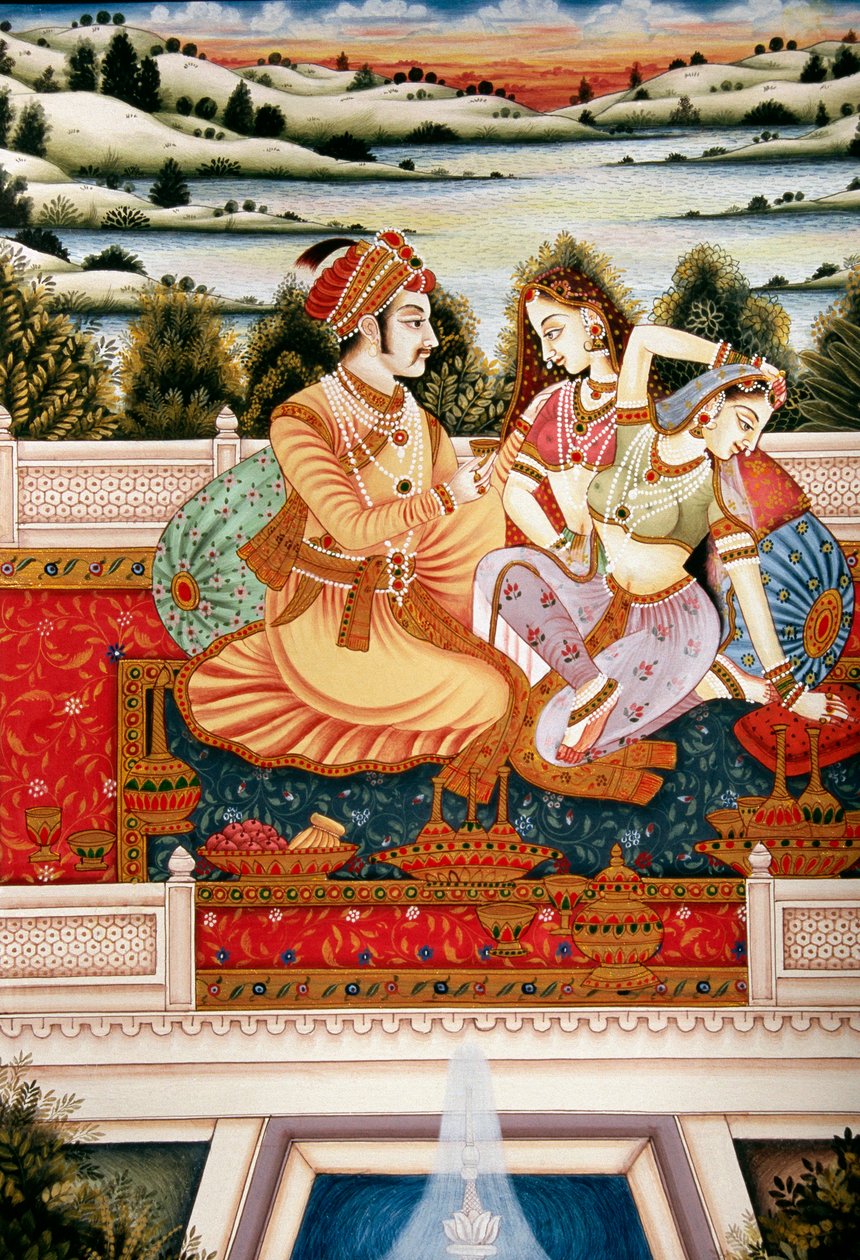 Pintura do Imperador Mughal com as suas esposas numa cena de amor, Índia de School Indian