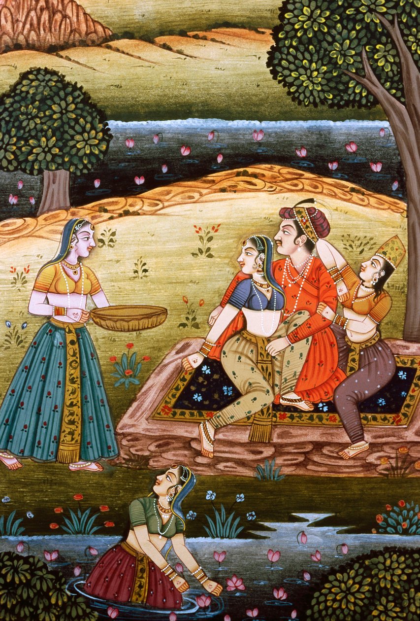 Pintura do Imperador Mughal com as suas esposas numa cena de amor, Índia de School Indian