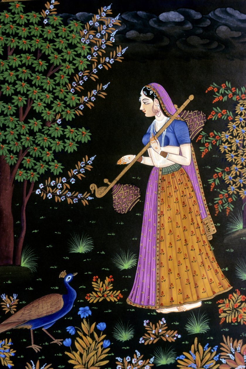 Pintura sobre papel, Senhora a apreciar música, Índia de School Indian