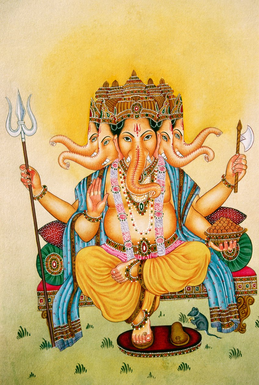 Panchmukhi Lord Ganesh Ganpati Pintura em miniatura sobre papel de School Indian