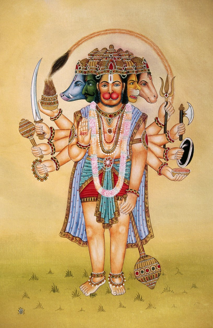Panchmukhi Senhor Hanuman Pintura em miniatura sobre papel de School Indian