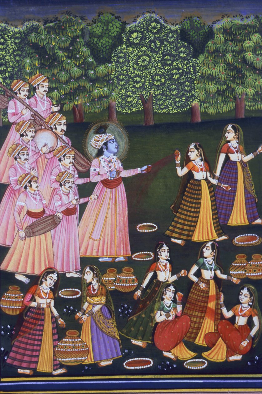 Imagem de Krishna a jogar Holi com Gopies (Nalkdwral Pichwai Chool), Índia de School Indian