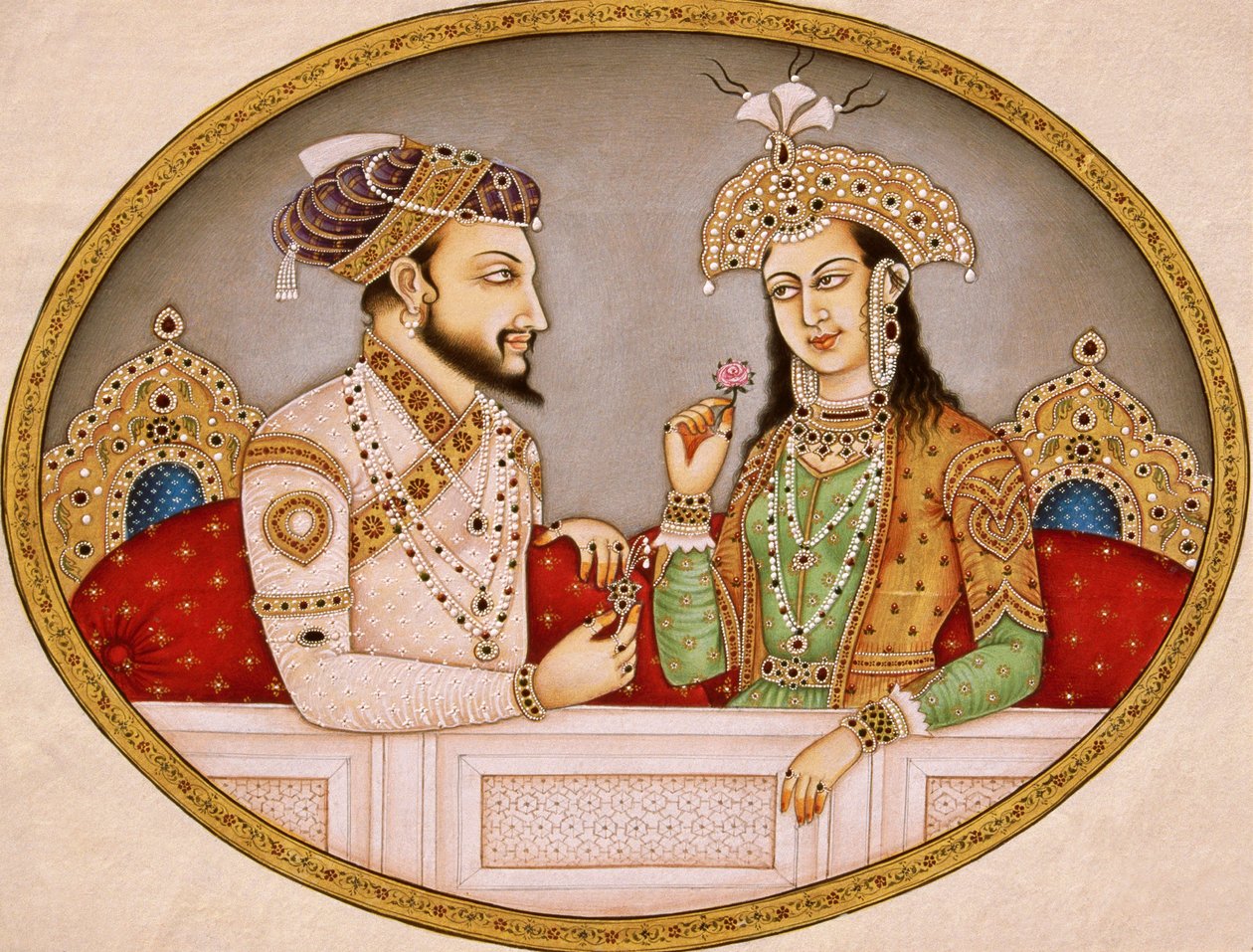 Retrato do Imperador Mughal Shahjahan com a Rainha Mumtaz Mahal, Índia de School Indian