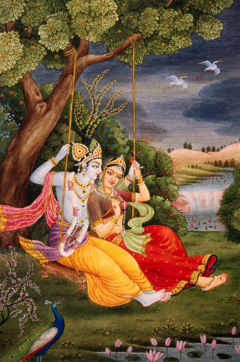 Radha Krishna a apreciar Jhoola Pintura em miniatura sobre papel de School Indian