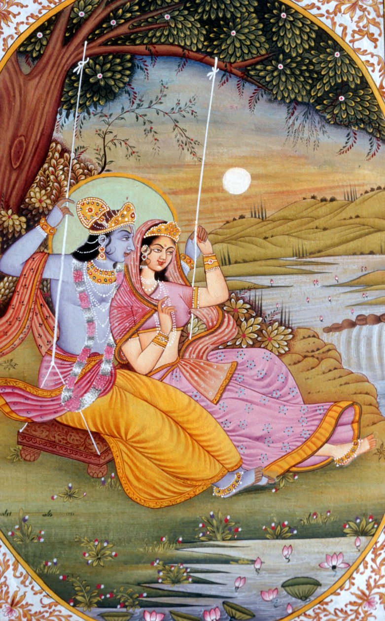 Pintura em miniatura de Radha Krishna, Índia de School Indian