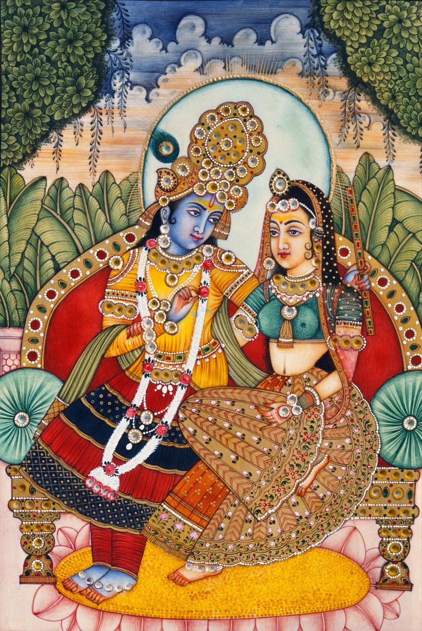 Pintura em miniatura de Radha Krishna sobre marfim de School Indian