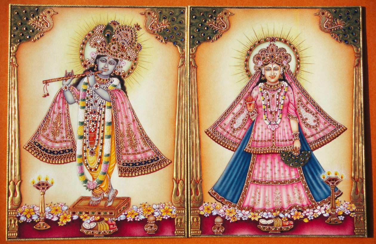 Pintura em miniatura de Radha Krishna sobre marfim de School Indian