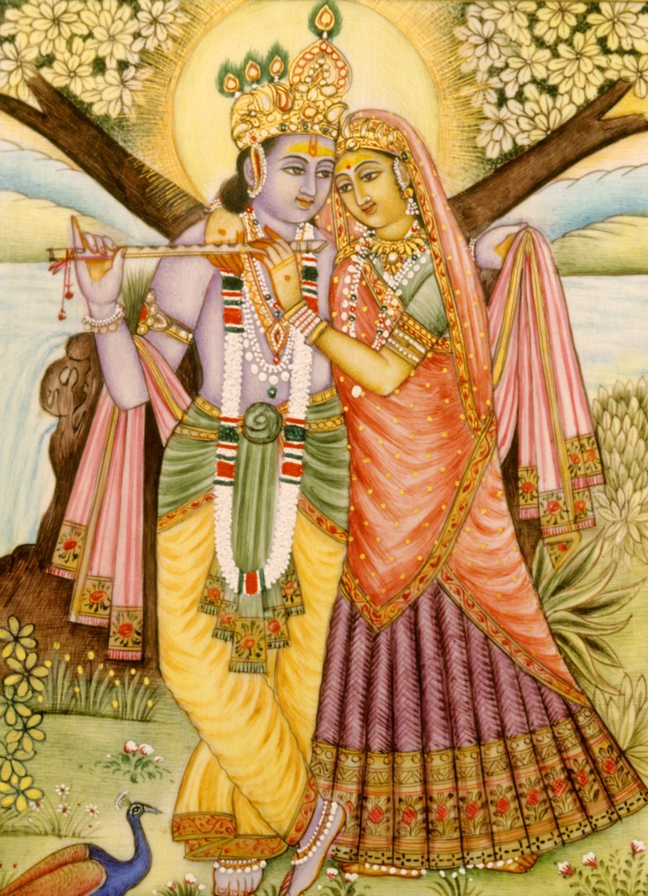 Pintura em miniatura de Radha Krishna sobre marfim de School Indian