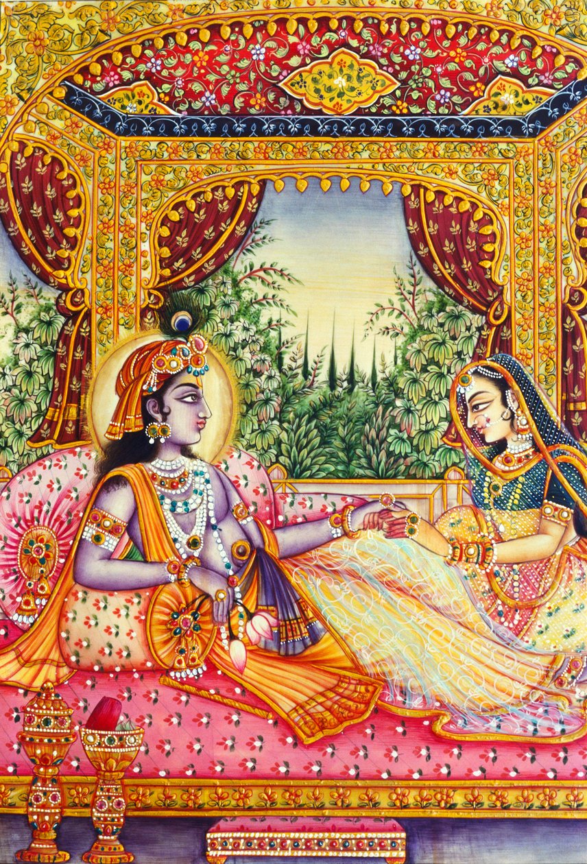 Pintura em miniatura de Radha Krishna sobre marfim de School Indian
