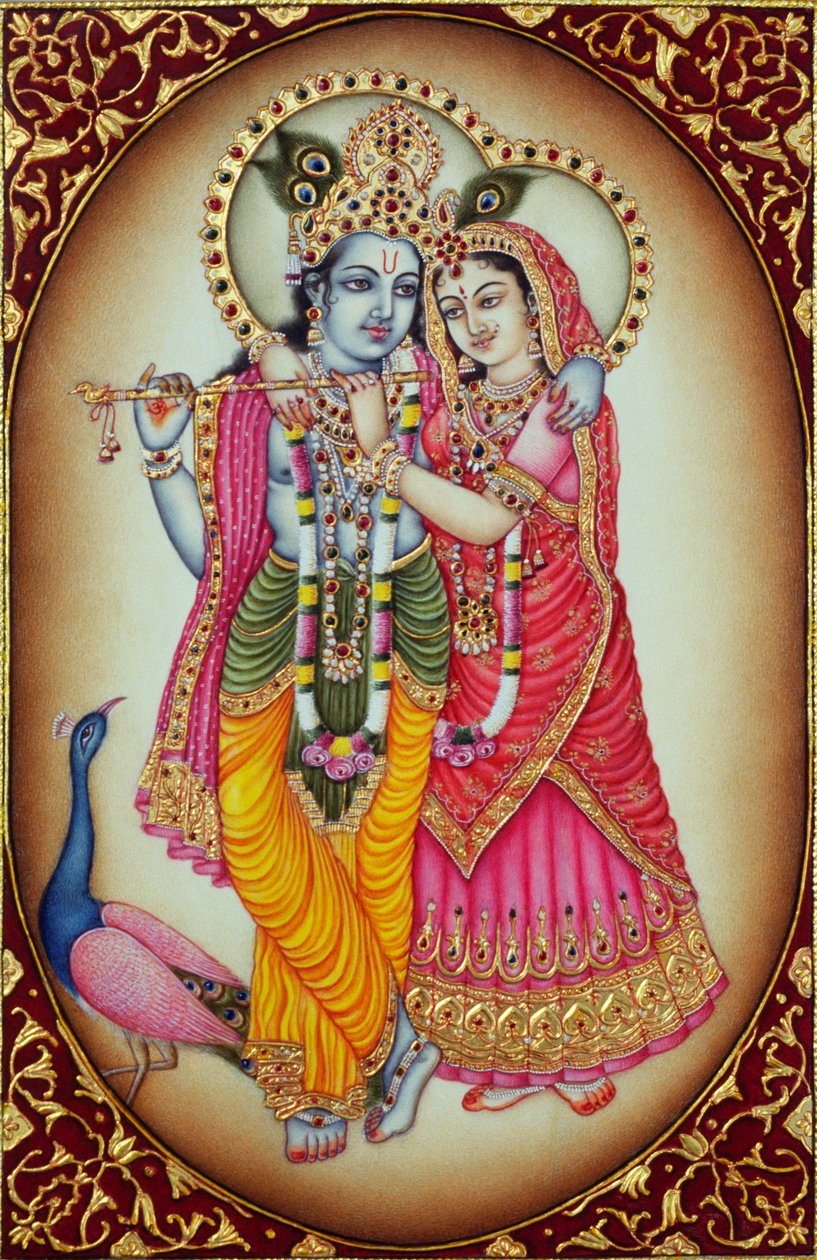 Pintura em miniatura de Radha Krishna sobre marfim de School Indian