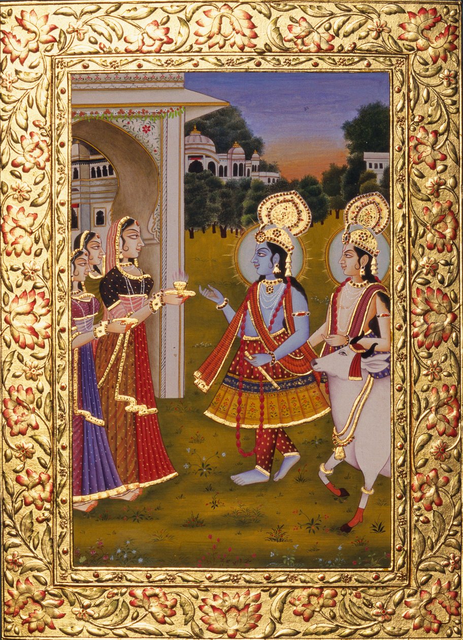 Radha Krishna Pintura em miniatura sobre papel com relevo dourado de School Indian