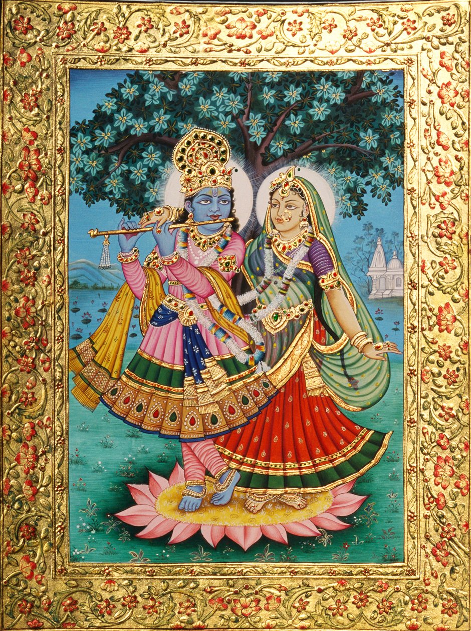 Pintura de Radha Krishna em miniatura sobre papel com relevo dourado de School Indian