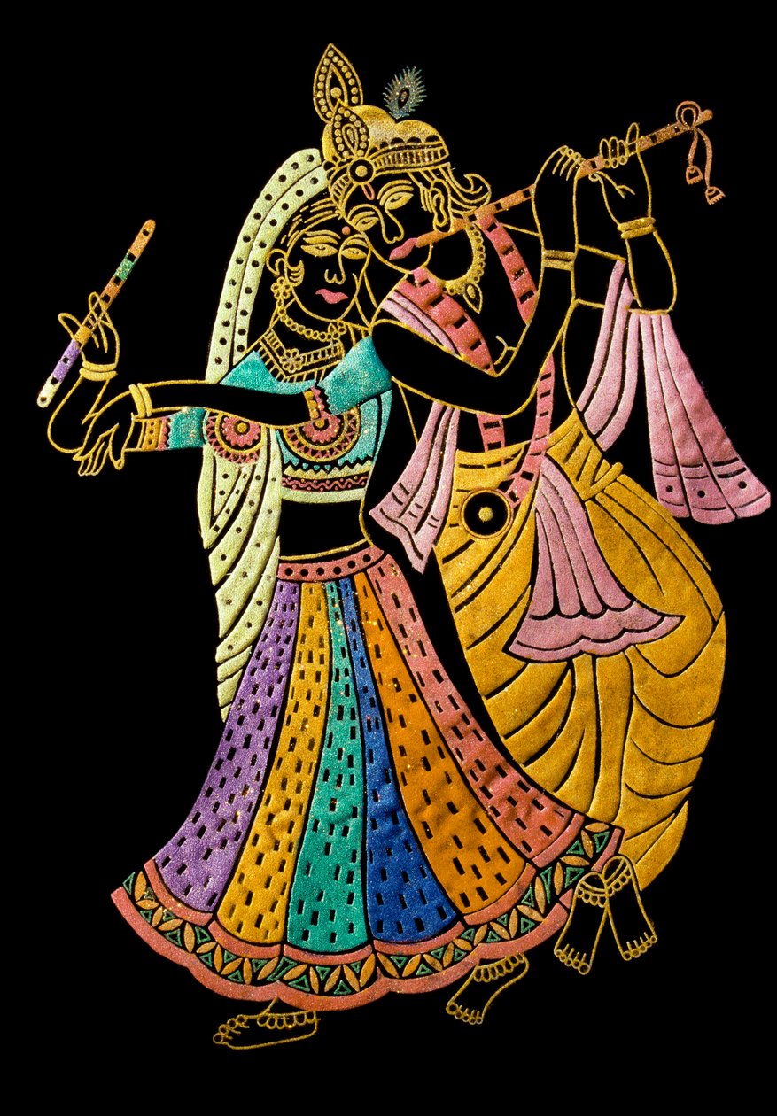 Radha Krishna Pintura em miniatura sobre veludo de School Indian