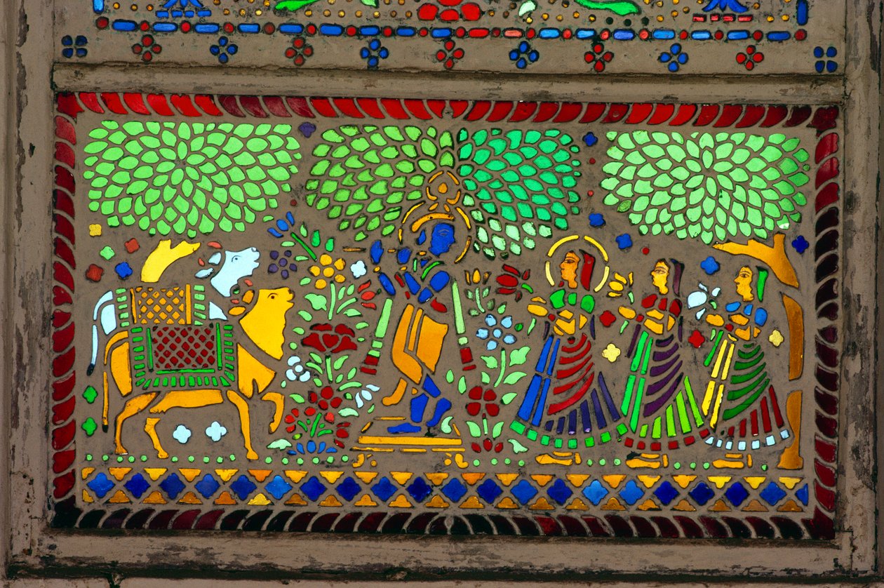 Radha Krishna com Sakhi em vitral de School Indian
