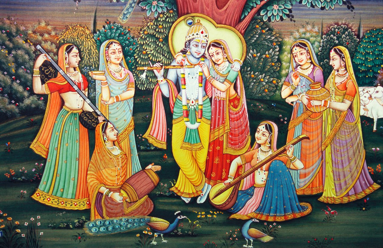 Radha Krishna com as Sakhis apreciam a música de School Indian