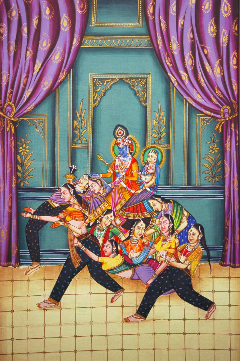Radha Krishna com Sakhis Pintura em miniatura sobre papel de School Indian