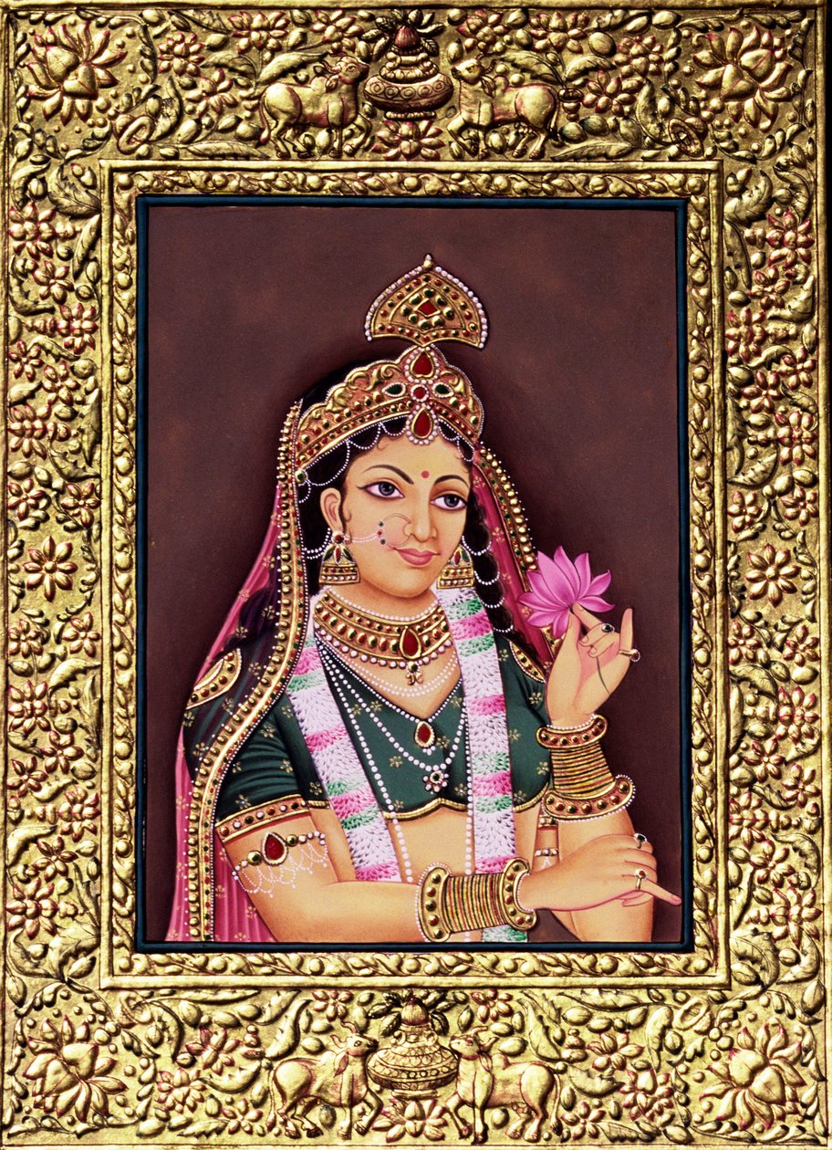 Radha Pintura em miniatura sobre papel com relevo dourado de School Indian
