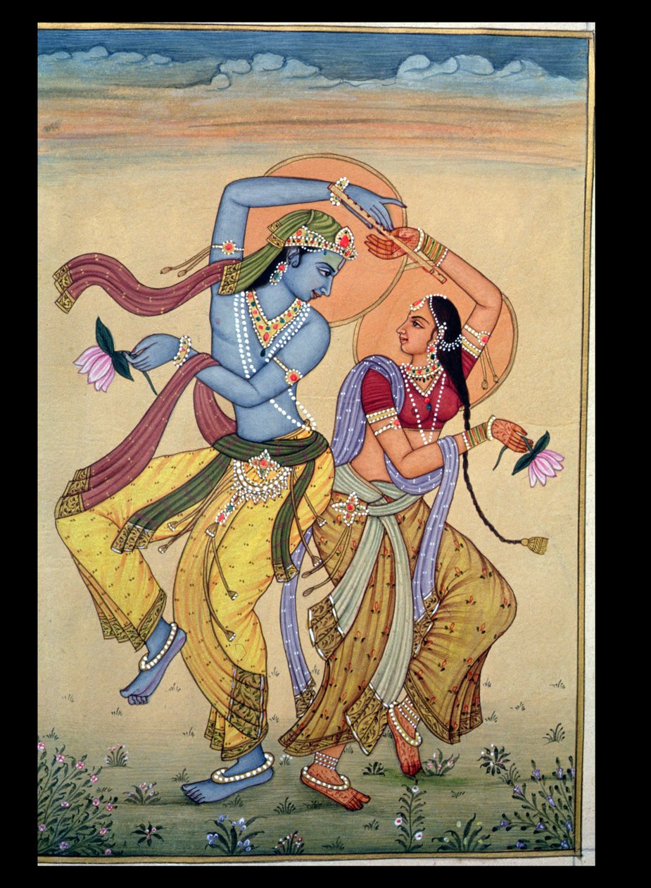 Radha e Krishna (guache e aguarela sobre papel) de School Indian
