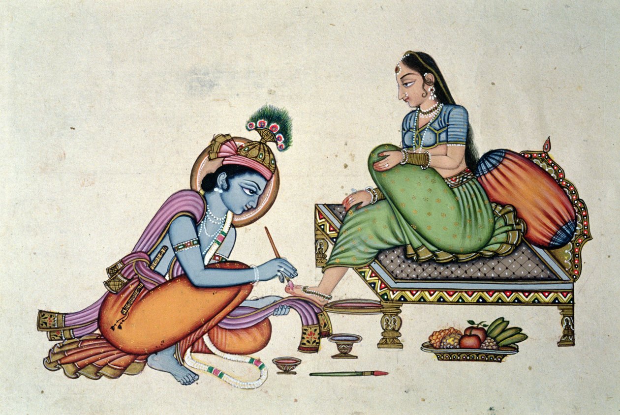Radha e Krishna (guache e aguarela sobre papel) de School Indian