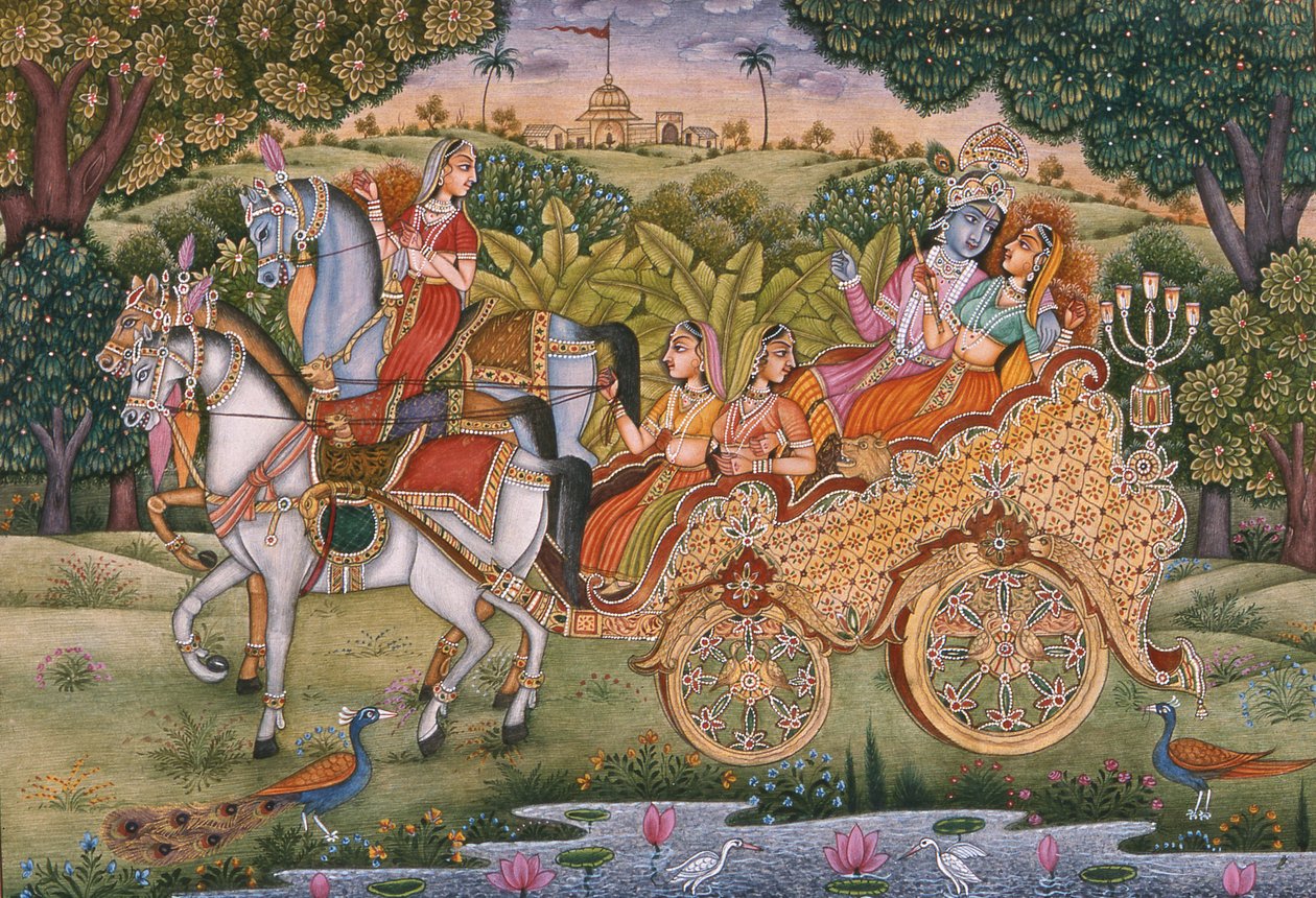 Radha e Krishna (guache e aguarela sobre papel) de School Indian