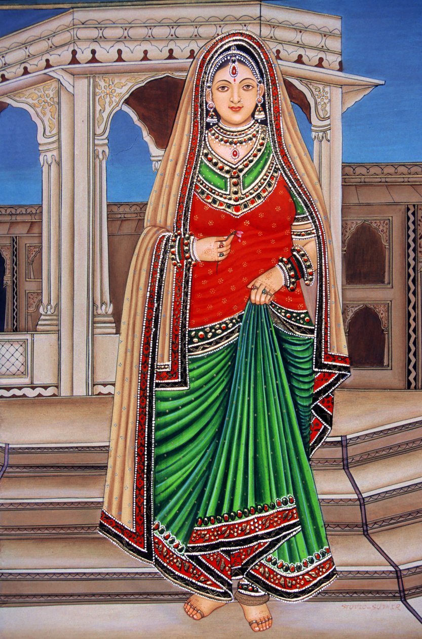 Senhora do Rajastão em Tentativa Pintura em Miniatura sobre Papel de School Indian