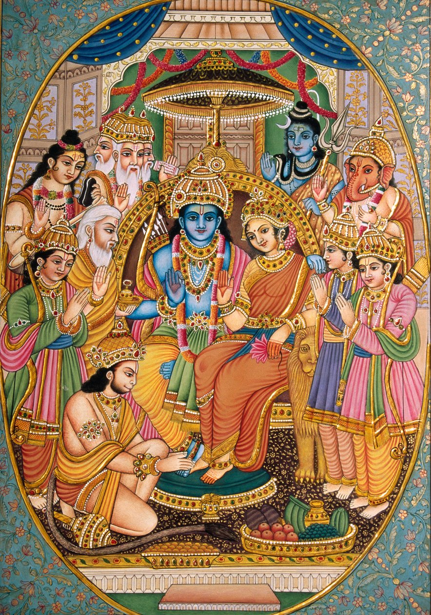 Ram-Darbar com outros deuses Pintura em miniatura sobre papel de School Indian
