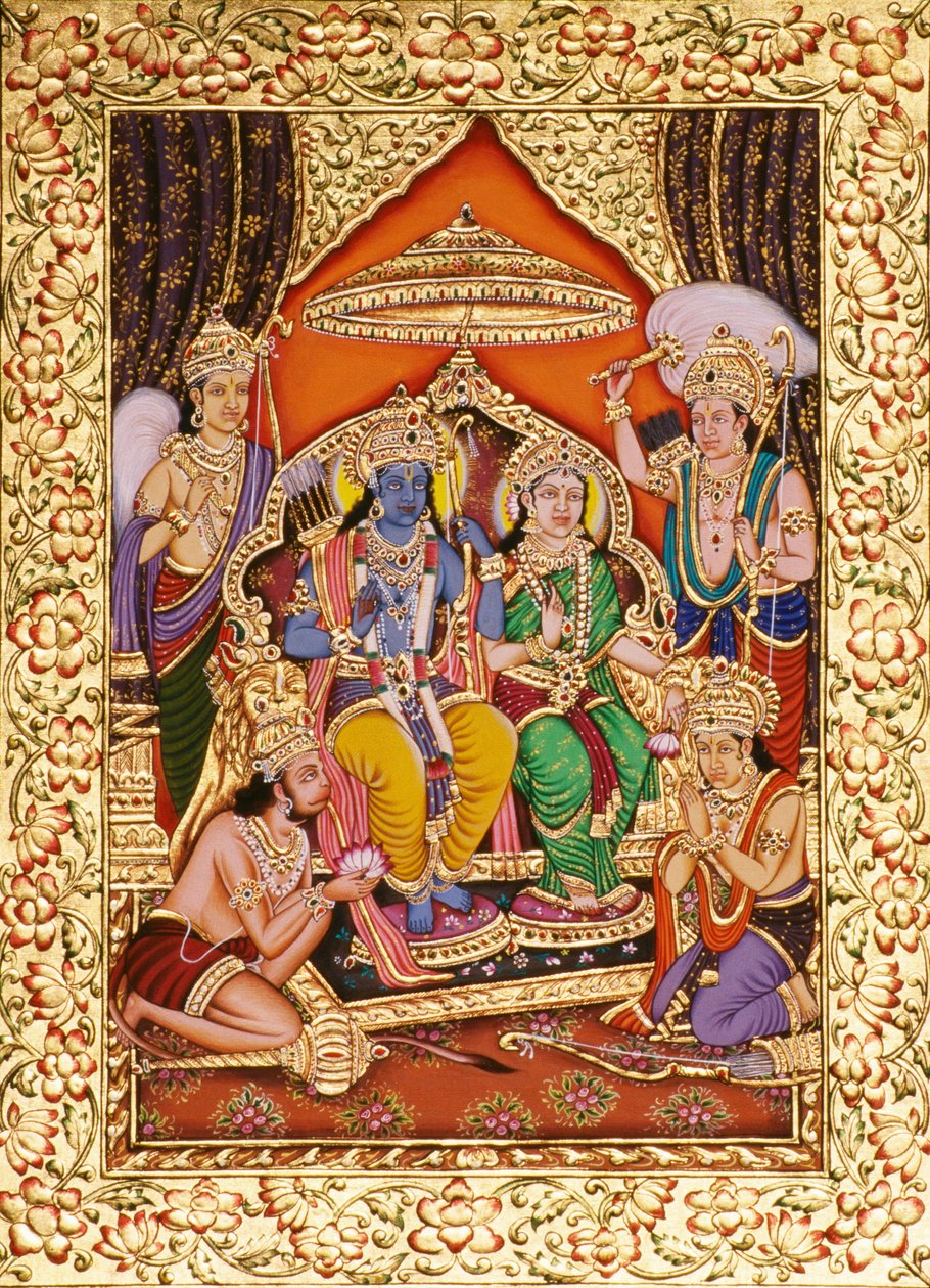 Ram Darbar em miniatura Pintura sobre papel com relevo dourado de School Indian