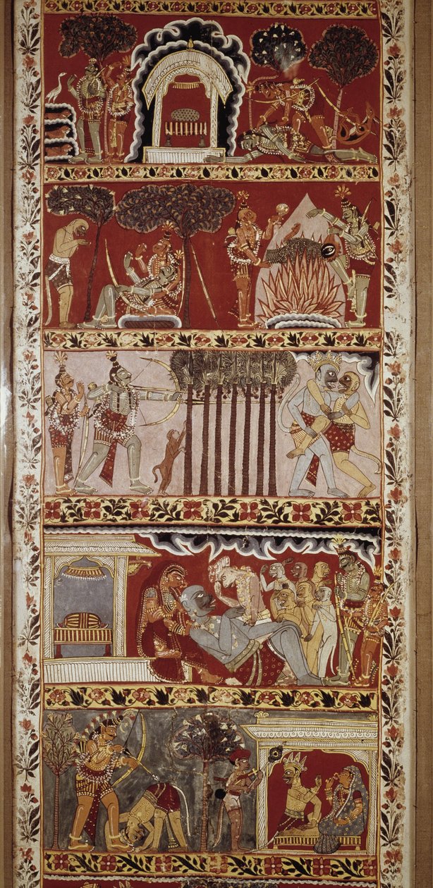Cenas do Ramayana, poema épico composto no século VI por Valmiki e que conta a lenda de Rama. Biblioteca Bengala Ocidental. Victori & Albert. Londres de School Indian