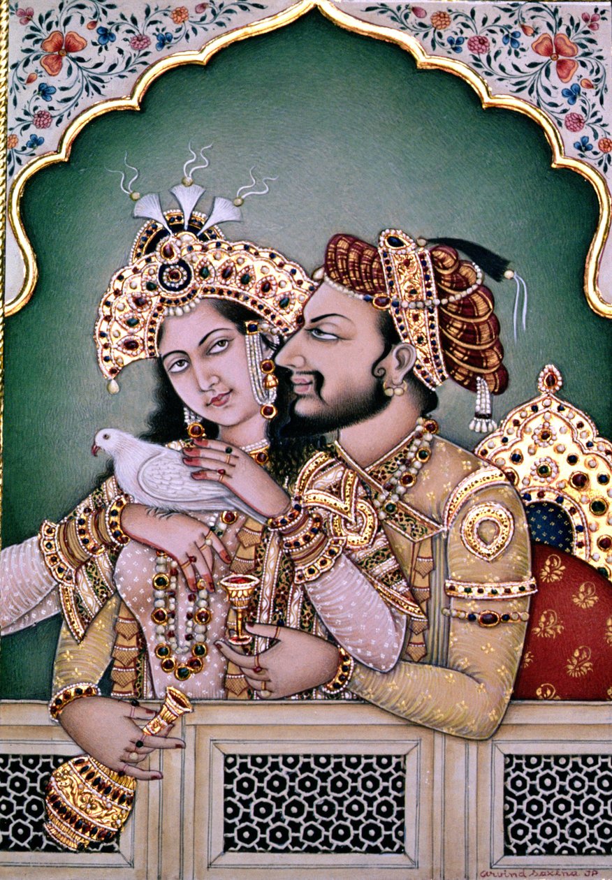 Shah Jahan (1592-1666) e a sua mulher, Arjumand Banu Begum (d.1631) Mumtaz-i Mahal de School Indian