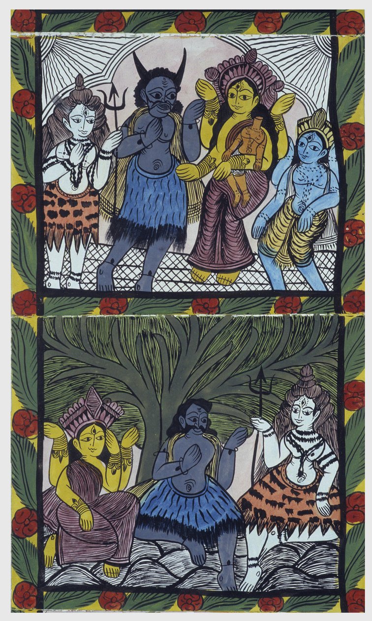 Shiva dá vida a Ganesha (Ganesh ou Ganapati), nos braços de sua mãe Parvati, depois de cortar sua cabeça em um braço de raiva. Pat: rolo pintado da região de Bengala, servindo como meio narrativo para os músicos Baoul (ou baul). Leonard de Selva specia de School Indian