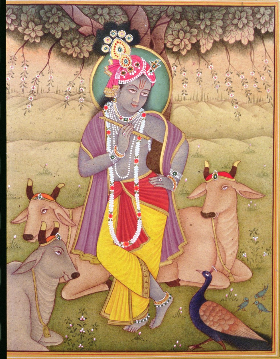 Shri Krishna (miniatura) (guache e aguarela sobre papel) de School Indian