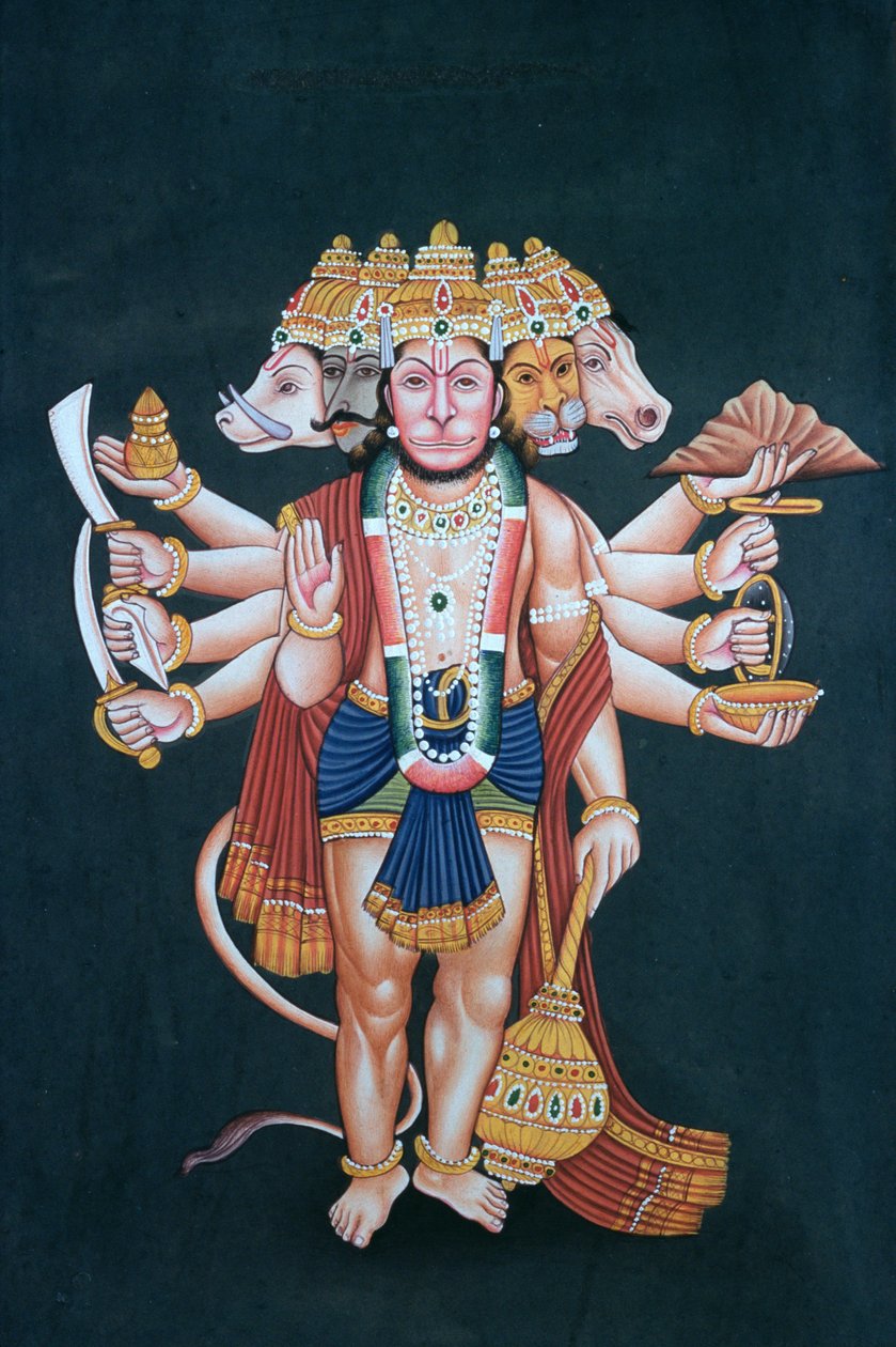 Shri Panchmukhi Hanuman (guache e aguarela sobre papel) de School Indian