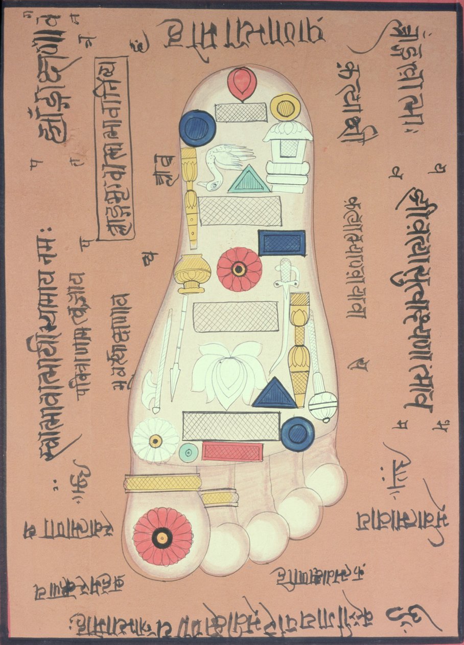 Diagrama tântrico do pé direito (guache e aguarela sobre papel) de School Indian