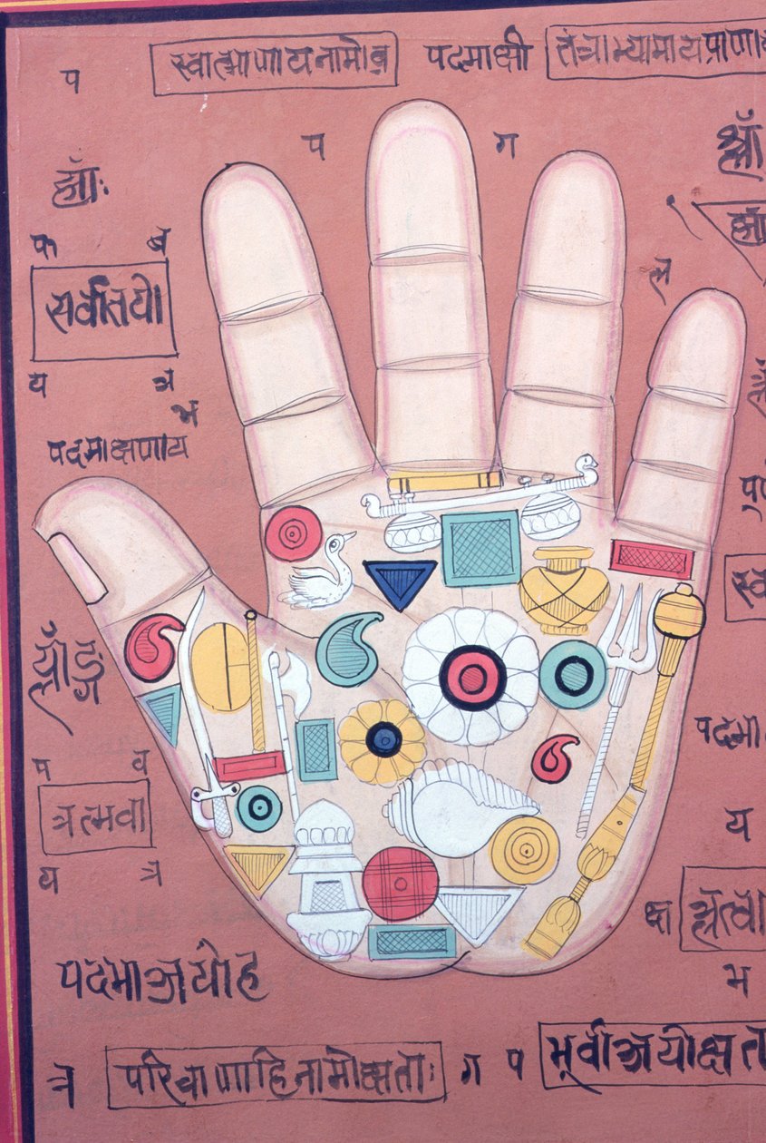 Diagrama tântrico da mão direita (guache e aguarela sobre papel) de School Indian