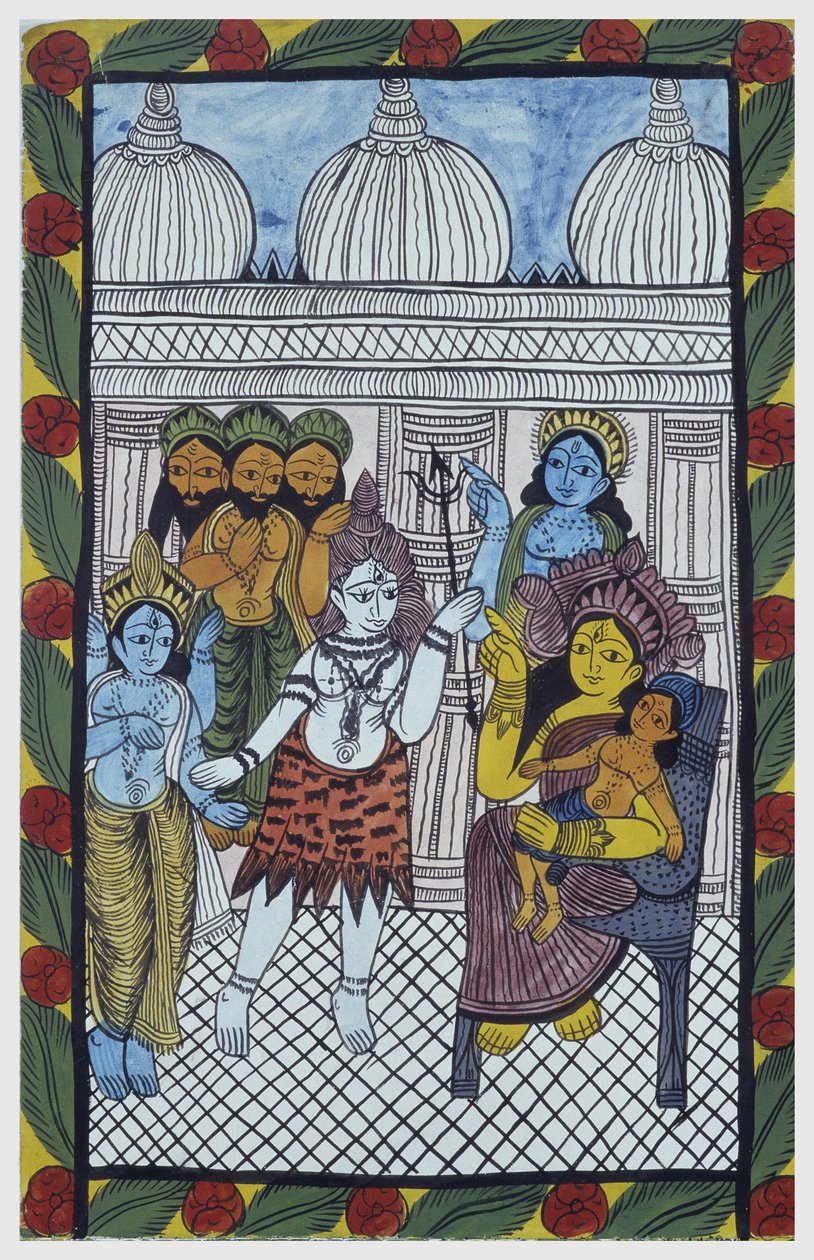 Os deuses vêm para admirar Krishna, encarna no corpo de uma bela criança, Ganesha (Ganesh ou Ganapati) sentada nos joelhos de sua mãe Parvati. Pat: rolo pintado da região de Bengala, servindo como meio narrativo para os cantores Baoul (Baul). Leonard de de School Indian