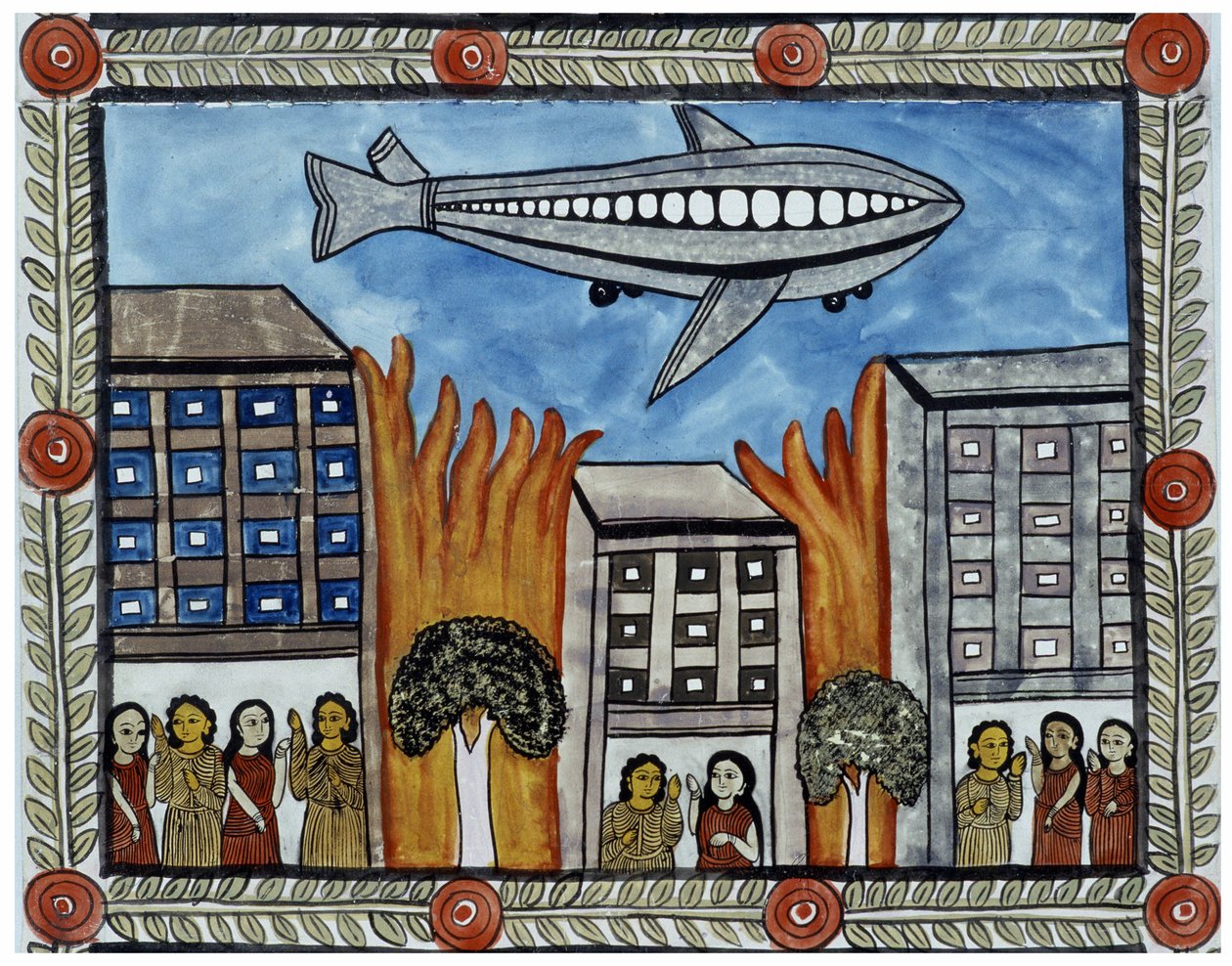 A história dos ataques de 11 de Setembro de 2001 contada pelos vendilhões Baul de Bengala. Pintura, série, número 6/9, de Bengala. de School Indian