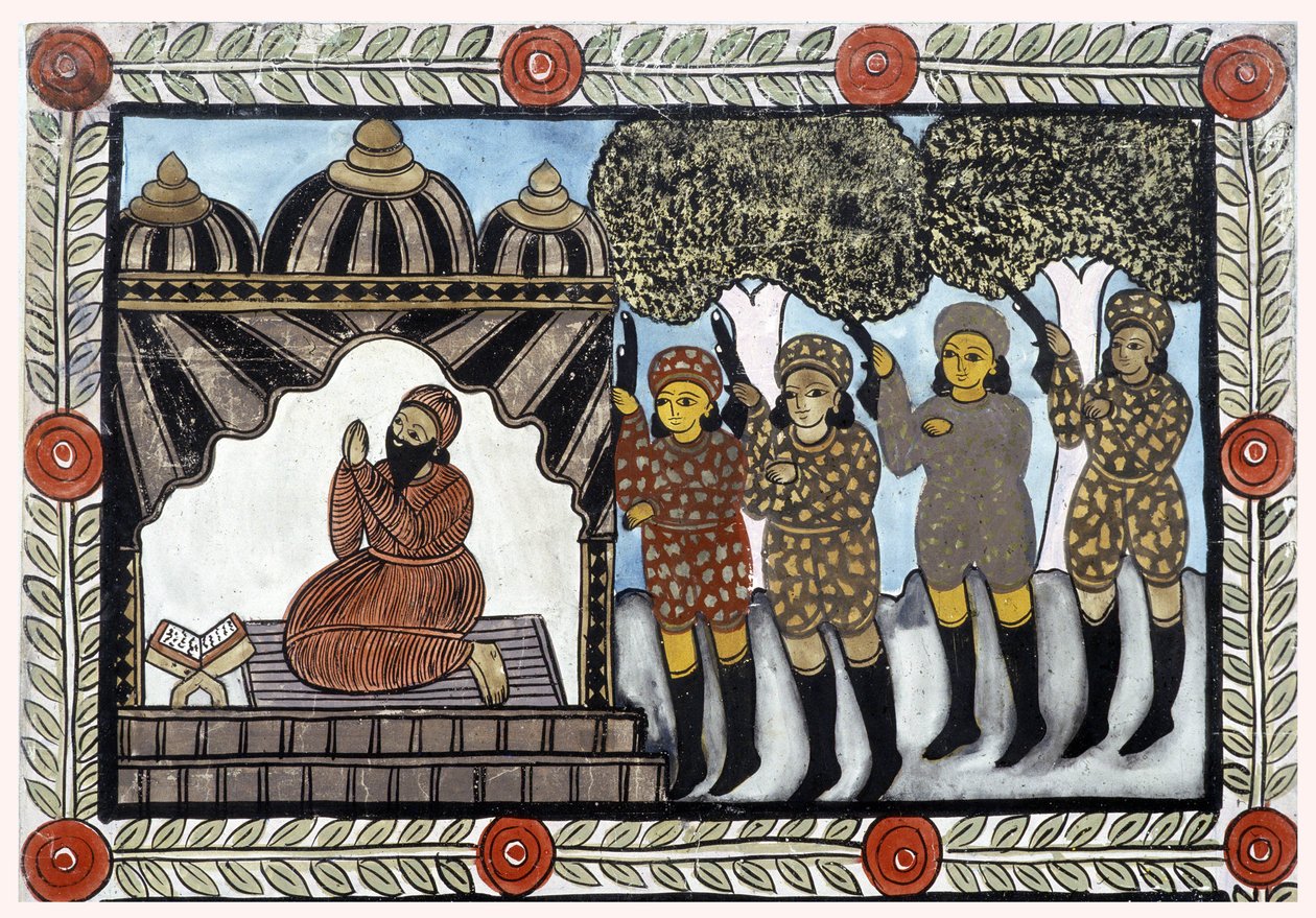 A história dos ataques de 11 de Setembro de 2001 contada pelos vendilhões Baul de Bengala. Pintura, série, número 1/9, de Bengala. de School Indian