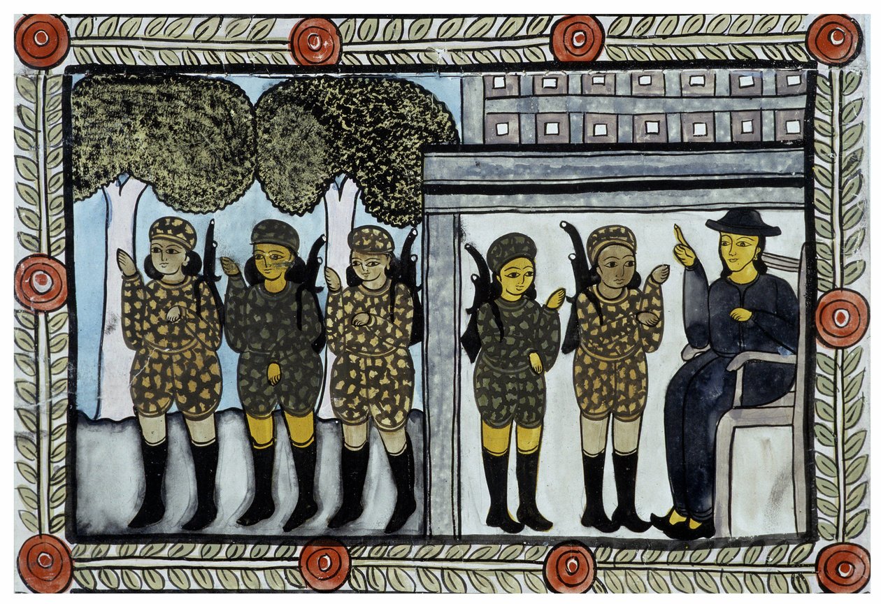 A história dos ataques de 11 de Setembro de 2001 contada pelos vendilhões Baul de Bengala. Pintura, série, número 4/9, de Bengala. de School Indian