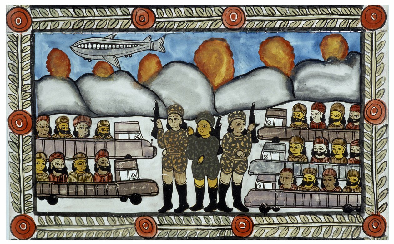 A história dos ataques de 11 de Setembro de 2001 contada pelos vendilhões Baul de Bengala. Pintura, série, número 8/9, de Bengala. de School Indian
