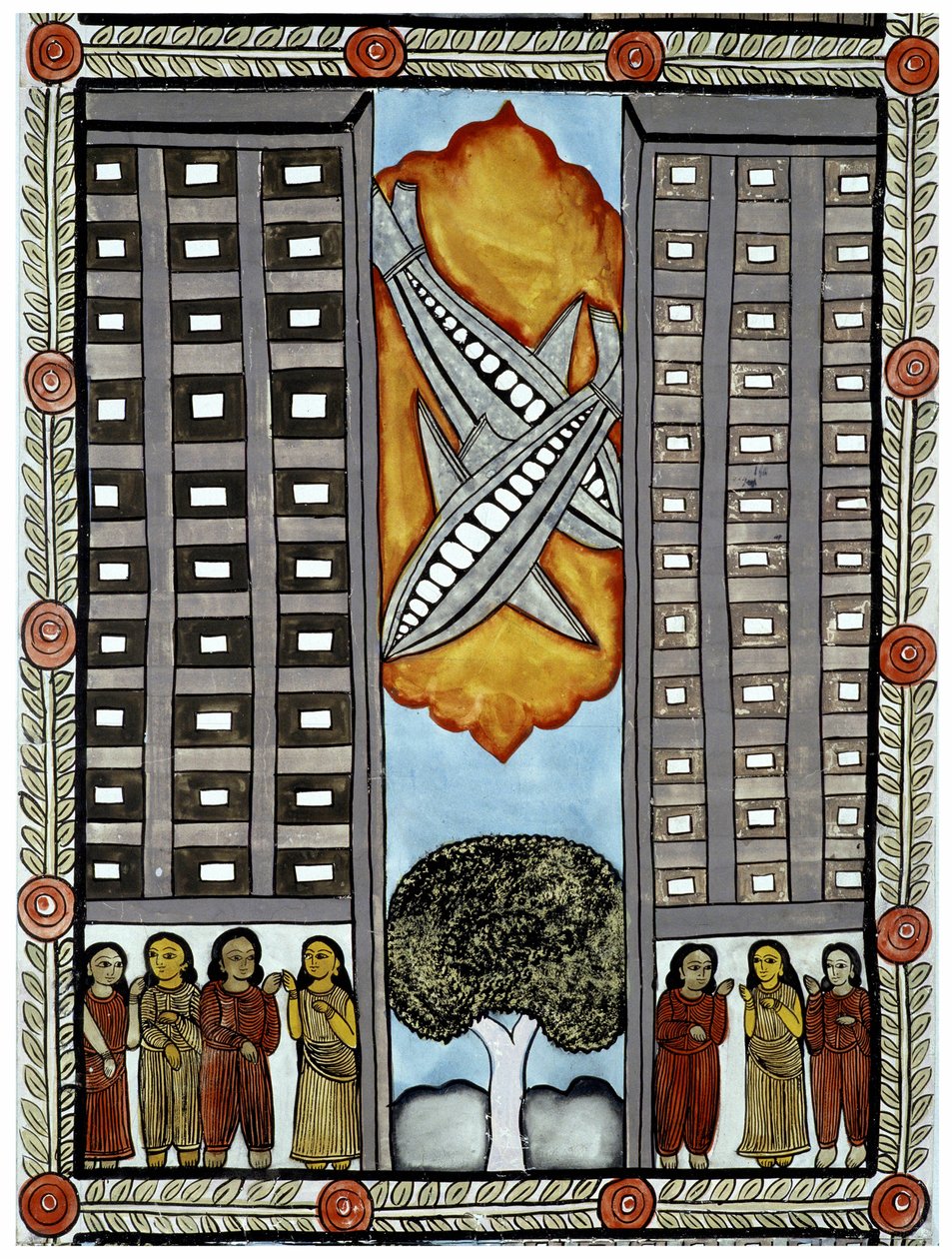 A história dos atentados de 11 de setembro de 2001 contada pelos ambulantes Baul de Bengala, uma ilustração dos aviões que participam do World Trade Center em Nova York. Pintura, série, número 3/9, Bengala. de School Indian