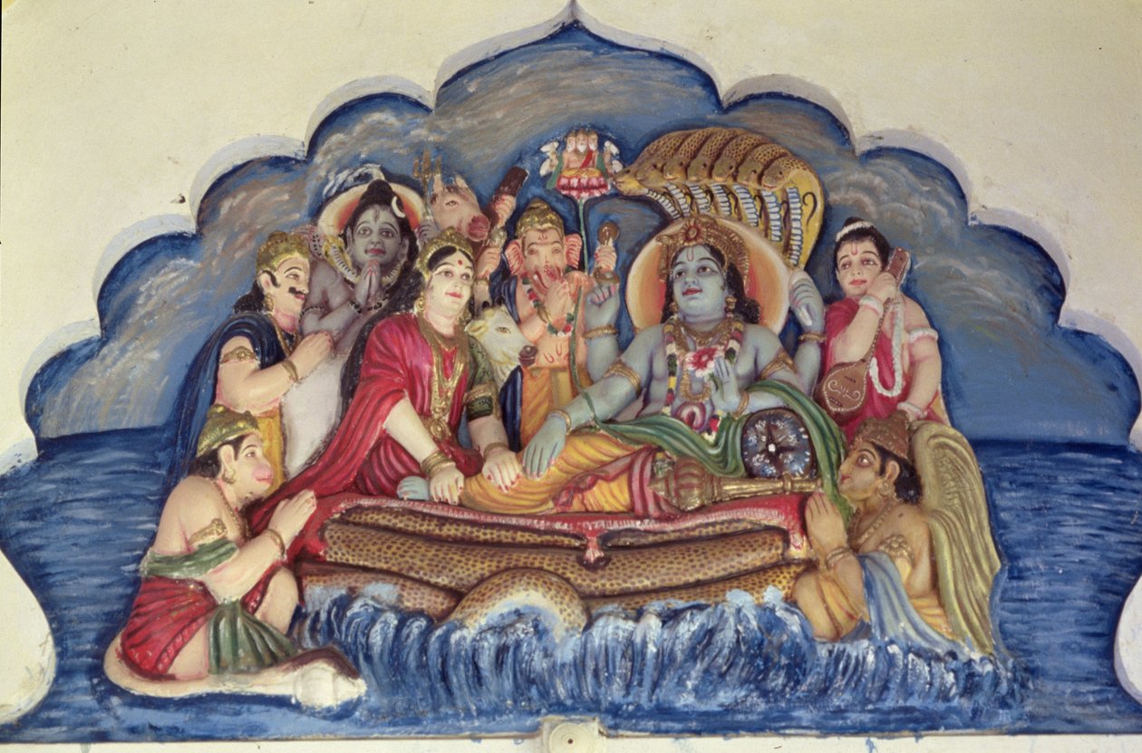 Vishnu Narayana, a flutuar em Sheshanaga (relevo pintado) de School Indian