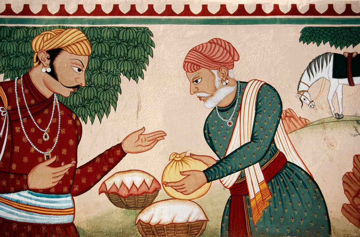 Pintura mural de "Bargaining", Jaipur, Rajasthan, Índia de School Indian
