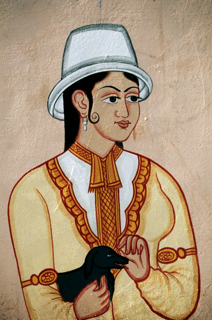 Pintura mural de uma senhora britânica com um cachorro, Jaipur, Rajastão, Índia de School Indian