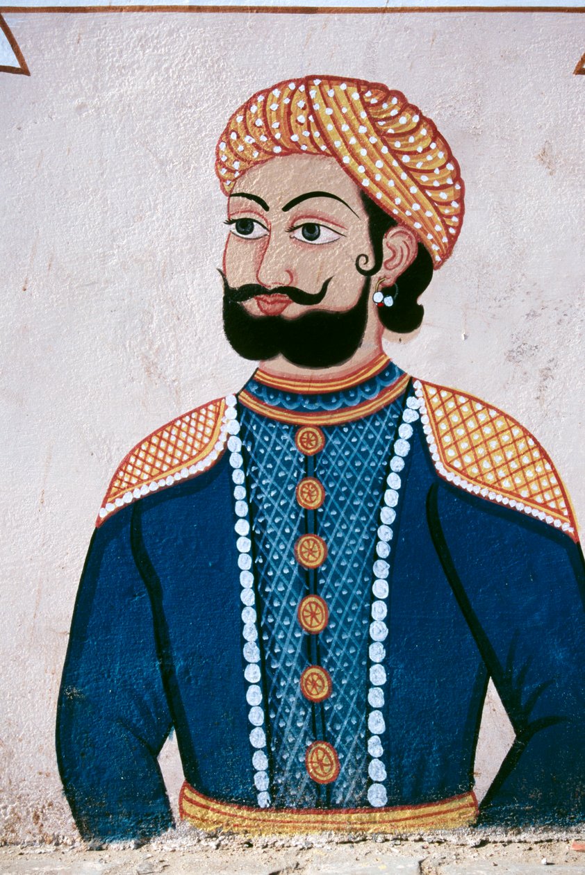 Pintura mural de um nobre Rajput, Jaipur, Rajastão, Índia de School Indian