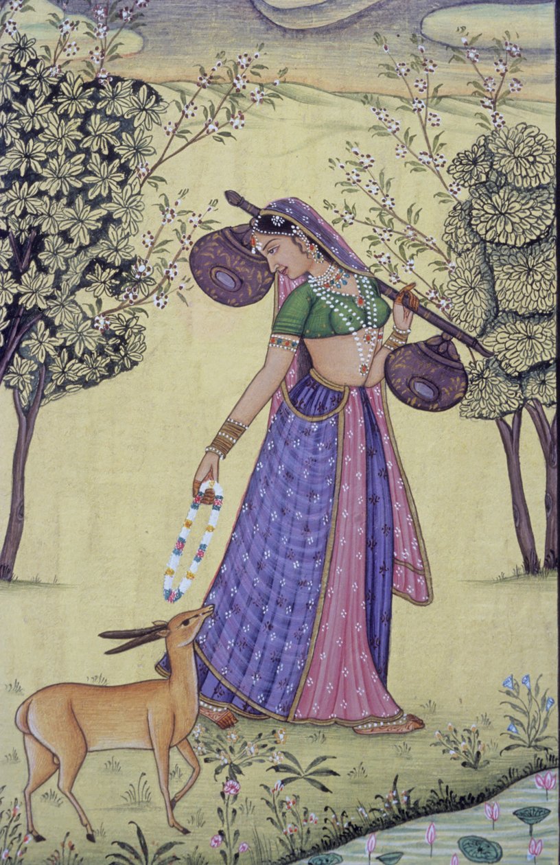 Mulher segurando Rudra Veena e guirlanda de flores Pintura em miniatura, Índia de School Indian
