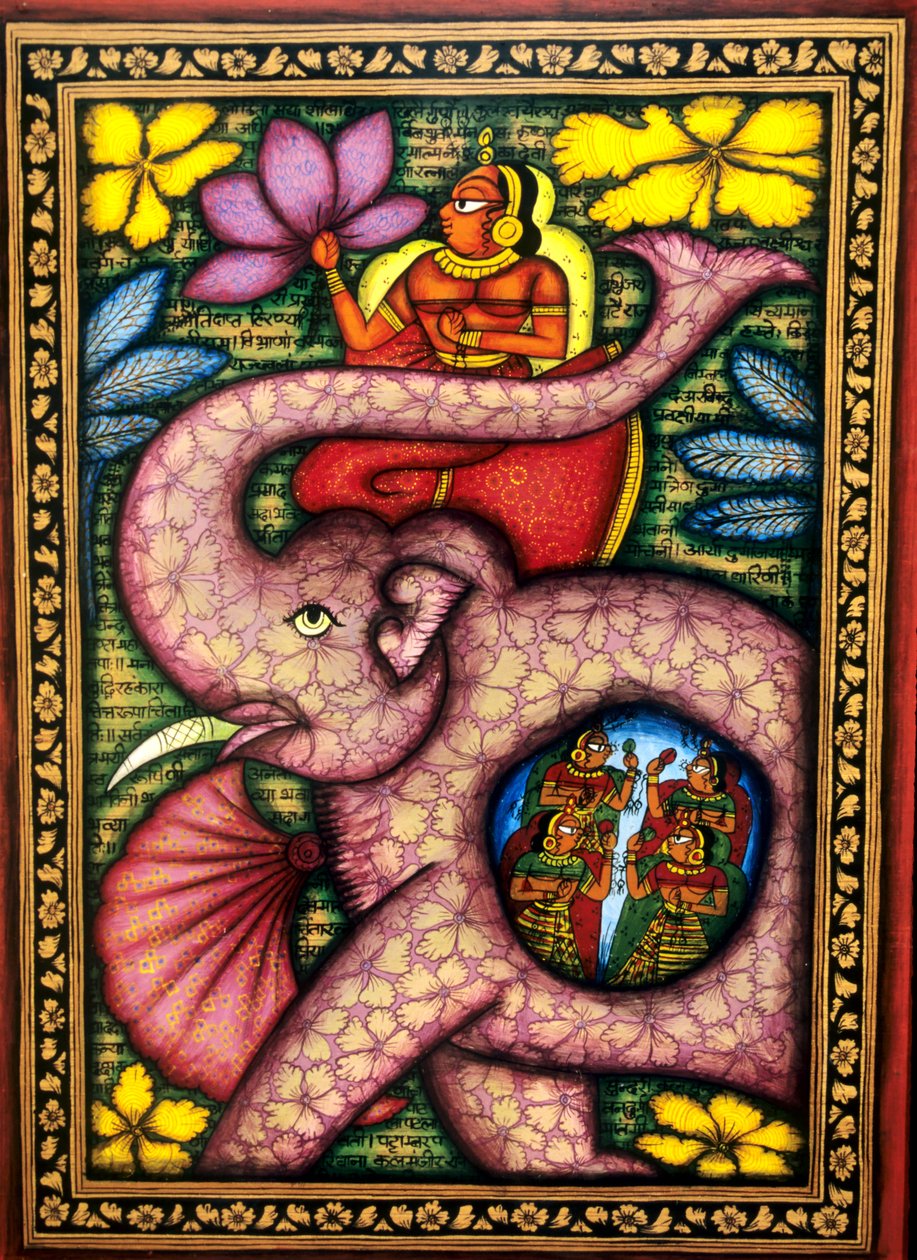 Mulher sentada num elefante e segurando uma flor Pintura em miniatura, Índia de School Indian