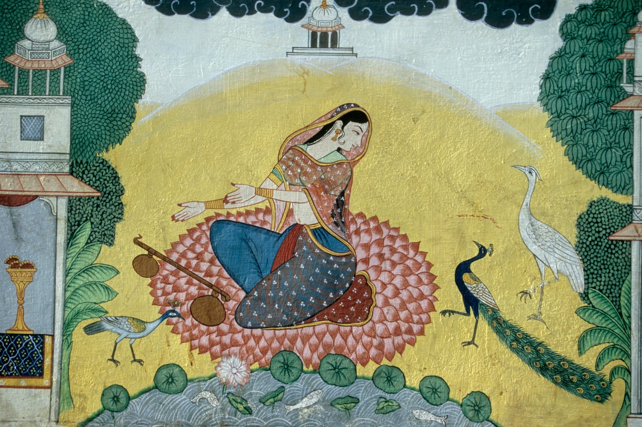 Mulher com Rudra Veena Pintura em miniatura, Índia de School Indian