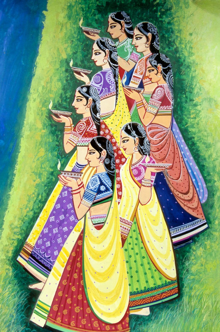 Mulheres segurando uma lâmpada a óleo Pintura em miniatura, Índia de School Indian
