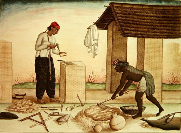 Trabalhadores Construindo uma Casa (caneta e tinta e aquarela sobre papel) de School Indian