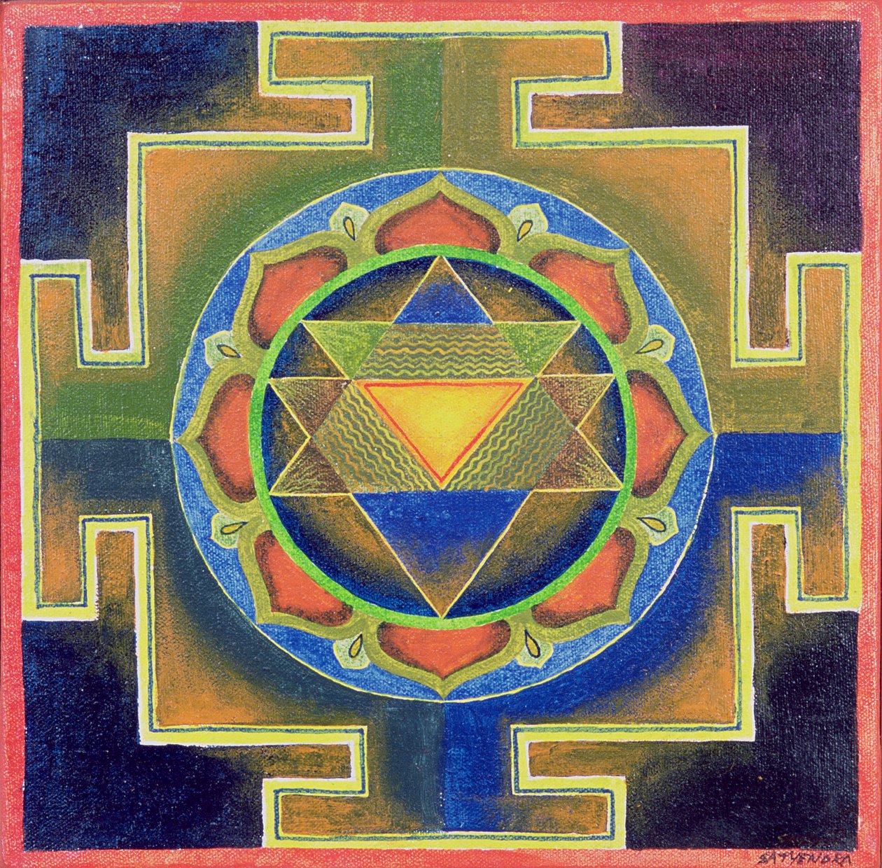 Pintura Yantra (pigmento sobre cartão) de School Indian